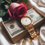 часы, роза, пачка денег, богатство, роскошь