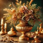 Цветы, ваза, золото, свечи, натюрморт