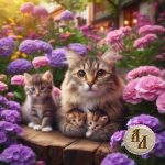 кошка, котята, милые, цветы