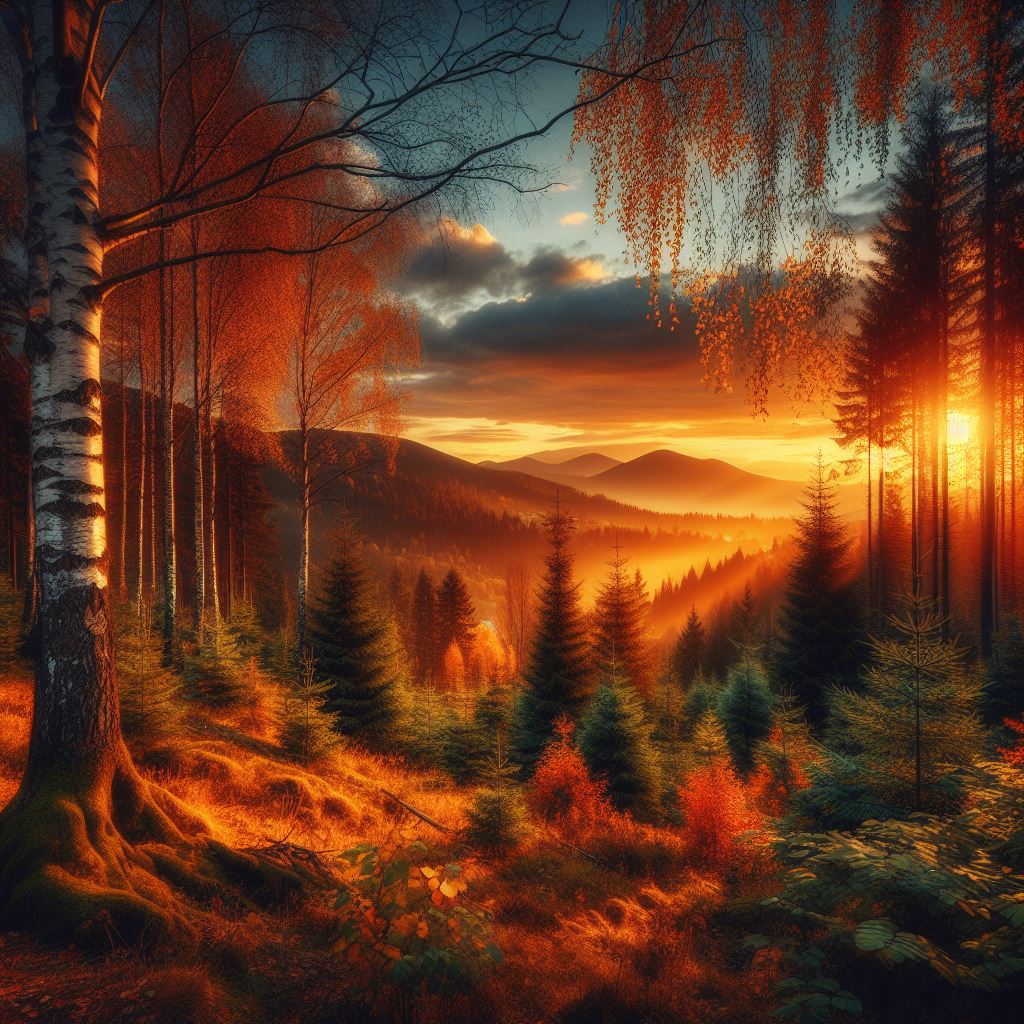 Осень, лес, сосны. закат, пейзаж, картина, репродукция, арт лабаз