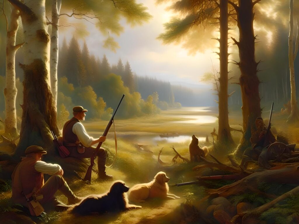 Охота, охотники, лес, природа, осень, река, изображения, арт лабаз.