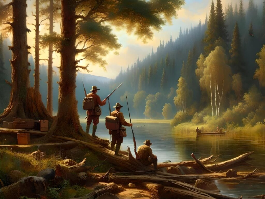 Охота, охотники, лес, природа, осень, река, изображения, арт лабаз.